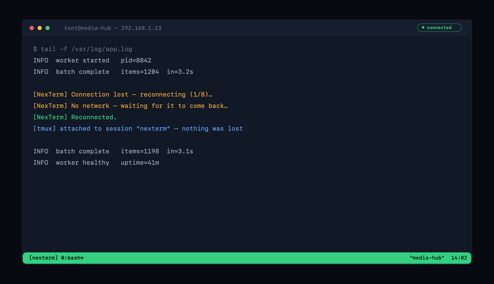 A NexTerm terminal losing its connection, reconnecting on its own, and re-attaching to its tmux session